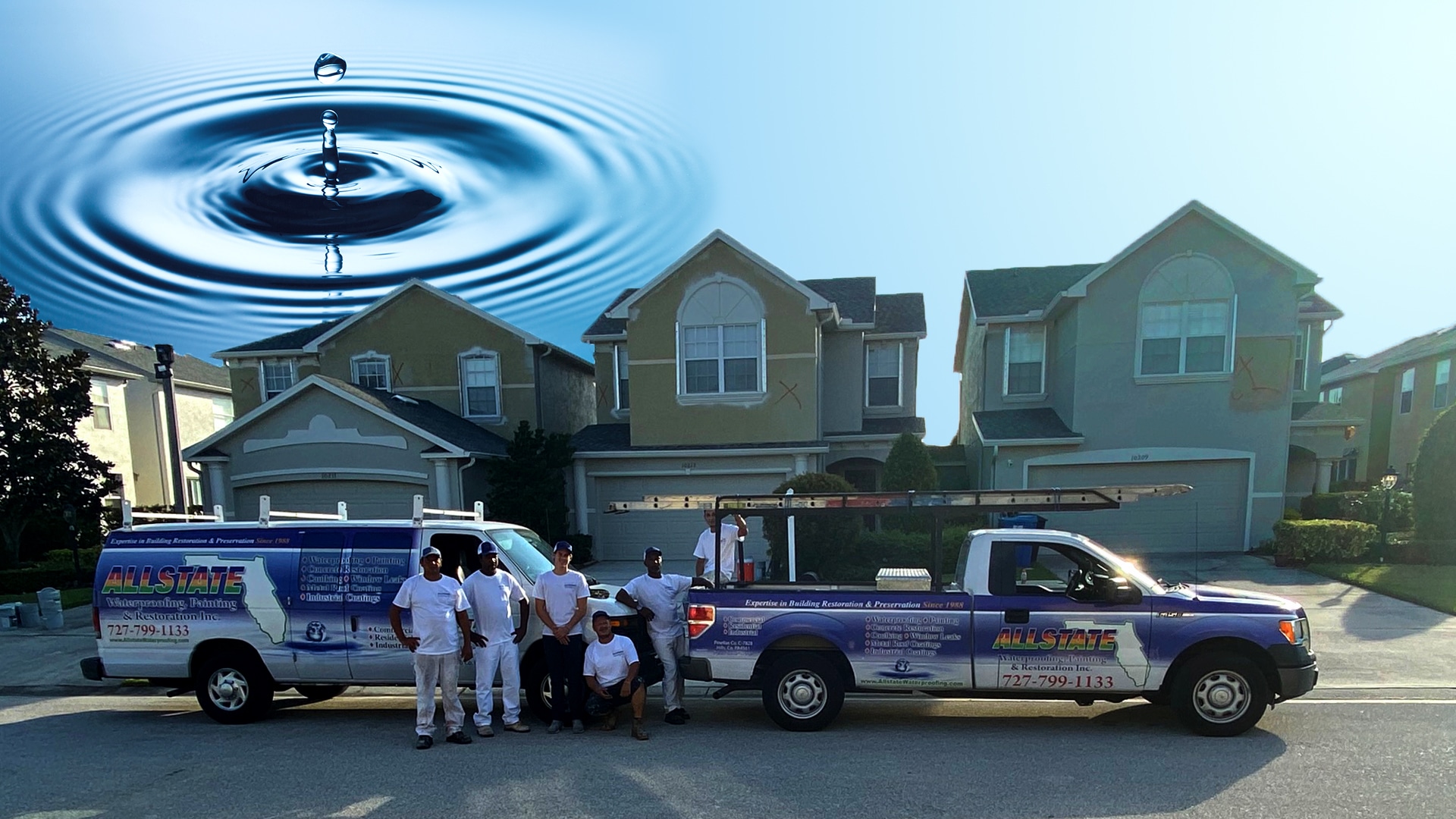 Allstate Waterproofing Painters and Trucks in front of Townhomes to be painted in Tampa Bay Region